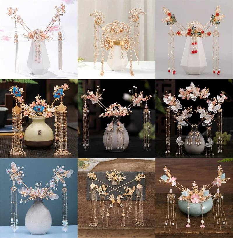 Chinese Long Hair Stick tiara Headpiece Women Accessories Flower Crystal Pearl Pins Handmade Hanfu Jewelry Set 250804