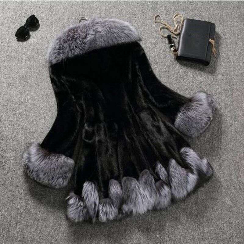 Women's Medium Length Hooded Fox Fur Mink Coat