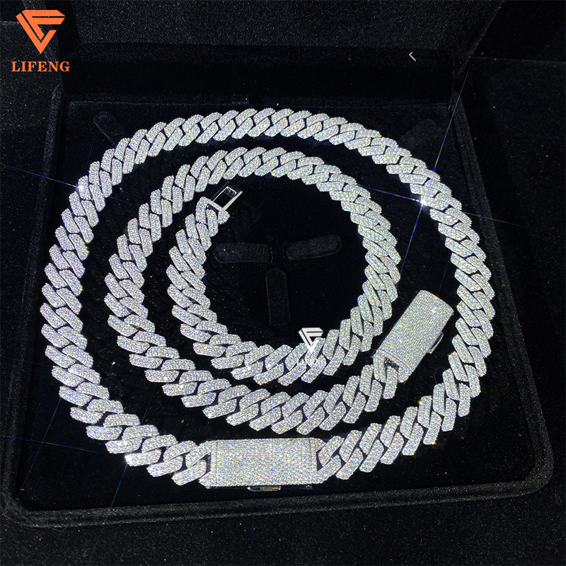 Trendy 925 Solid Silver Classic 2 Row Cuban Necklace 10mm-14mm Wide Link Chain Pass Diamond Hip Hop Rapper Moissanite Necklace