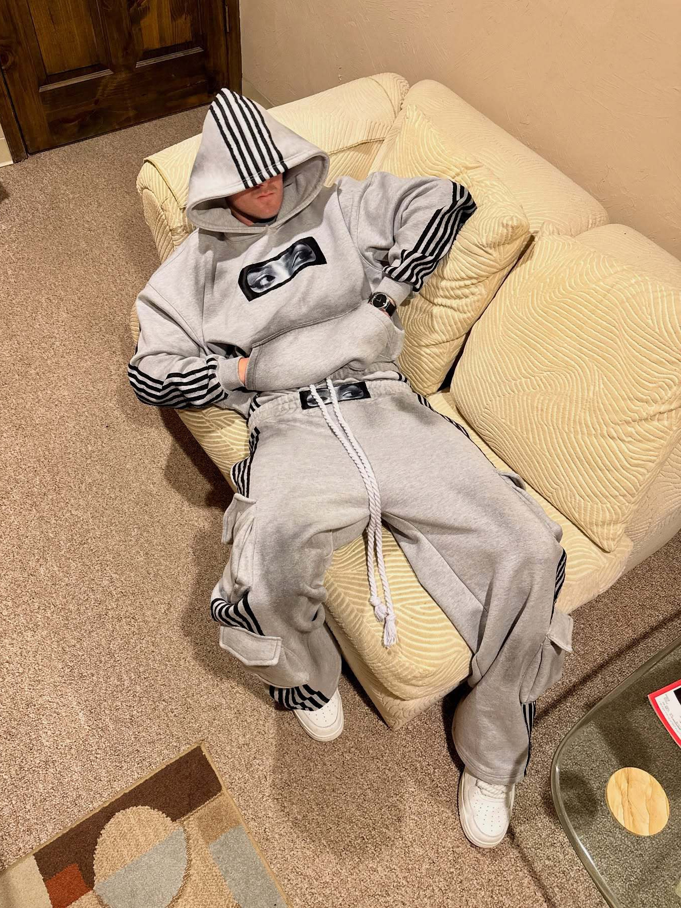 American vintage striped print loose sweatshirt unisex street hip hop personality patch embroidered sweatshirt sweatpants