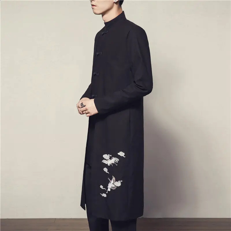 China Style Black Men Long Jacket Single Breasted Standing Collar Embroidered Trench Coat Asian Size M5XL 250729