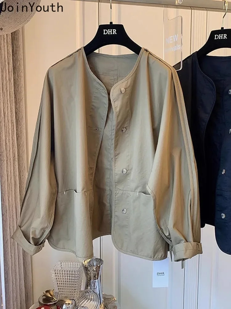 Trench Coat for Women Solid Color Oneck Long Sleeve Loose Outwear Ropa Mujer Casual Pockets Fashion Korean Vintage Jackets 250809