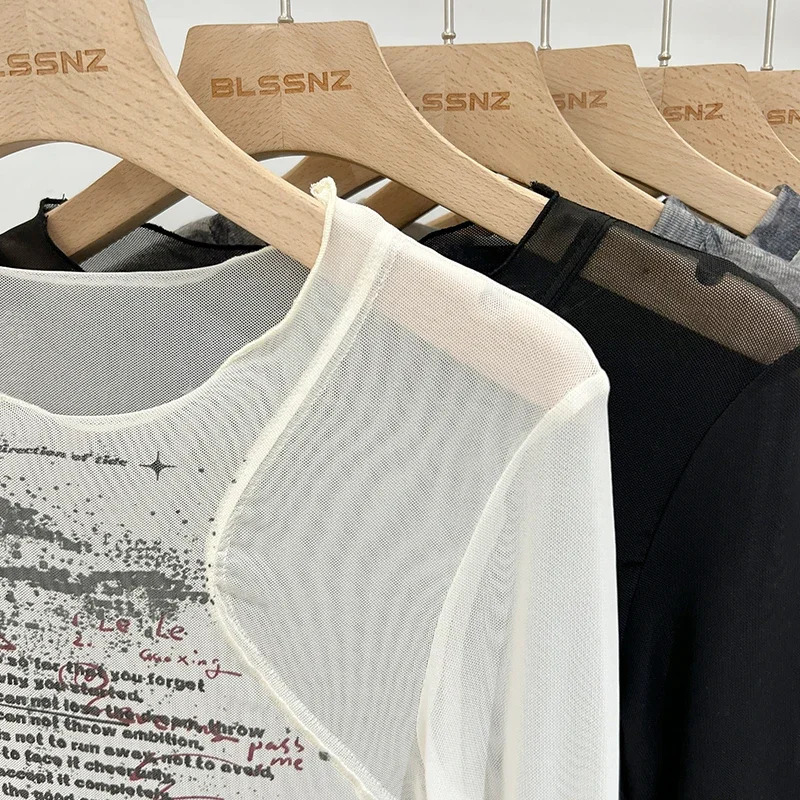Summer Round Neck Transparent Bottom Shirts Tops Mesh See Through Womens Long Sleeve Seamless Top Print Blouses 250811