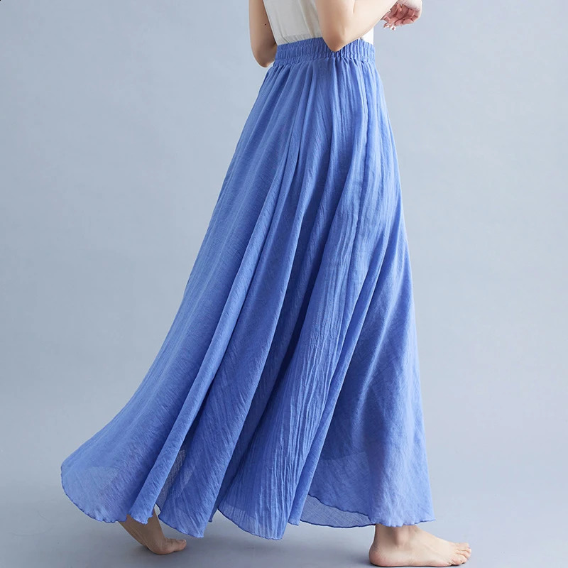 28-Color Mori Girl Literary Cotton Linen Dress Elastic Waist A-line Expansion Skirt Solid Color Ethnic Style Women Long Skirts 250809