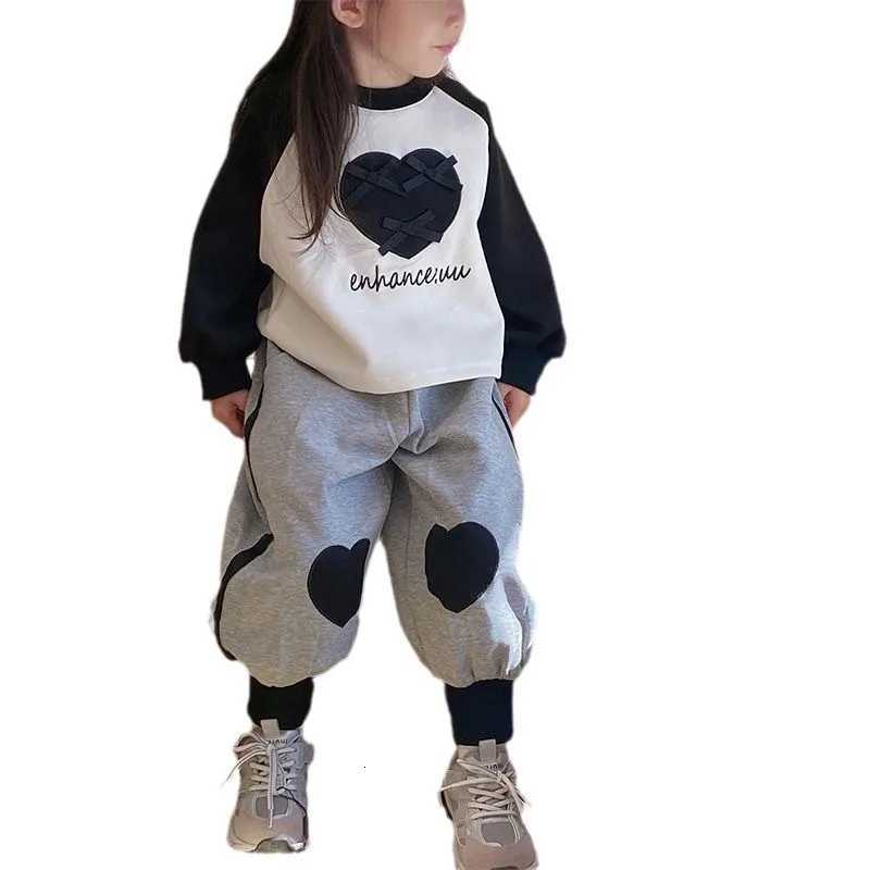 2PCS Clothing Set for Kids Baby Girls Autumn Spliced Raglan Long Sleeve Bow Sweatshirt Suits Loose Love Patchwork Sports Pants Outfits Z250811