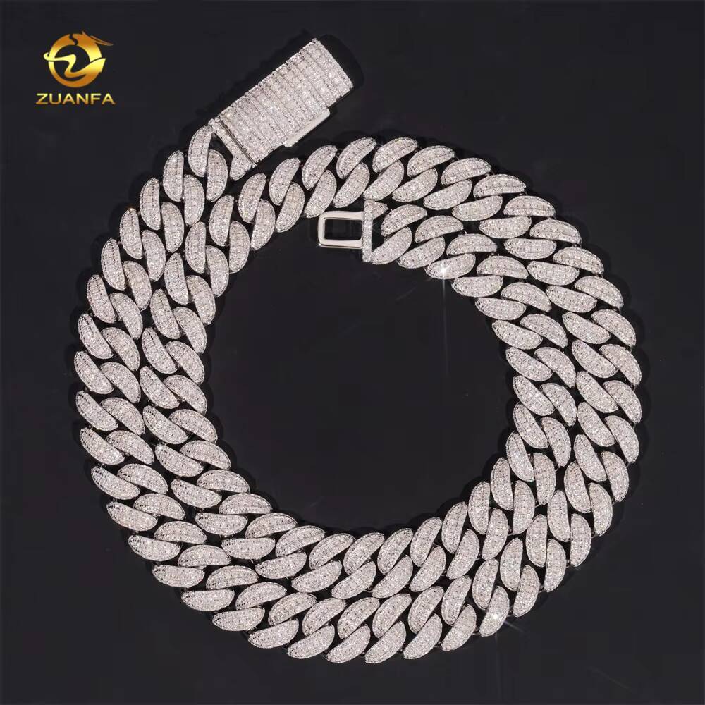 Popular 13mm Cuban Link Chain 925 Sterling Silver Gold Plated Gra Moissanite 3rows Iced Out Sparking Cuban Necklace