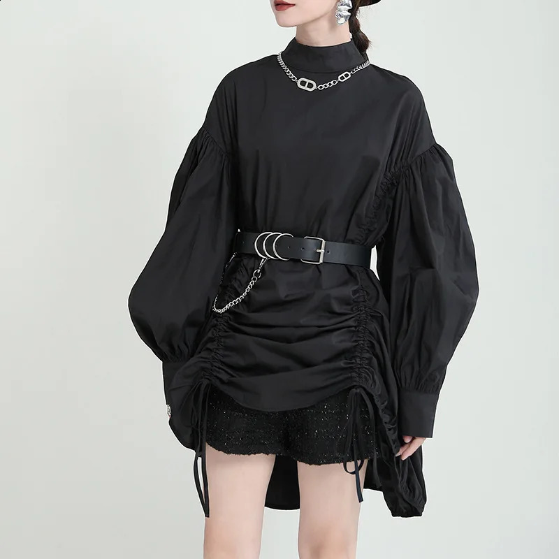 2025 Women Irregular Drawstring Big Size White Blouse Stand Collar Long Sleeve Shirt Fashion Spring Autumn 250806