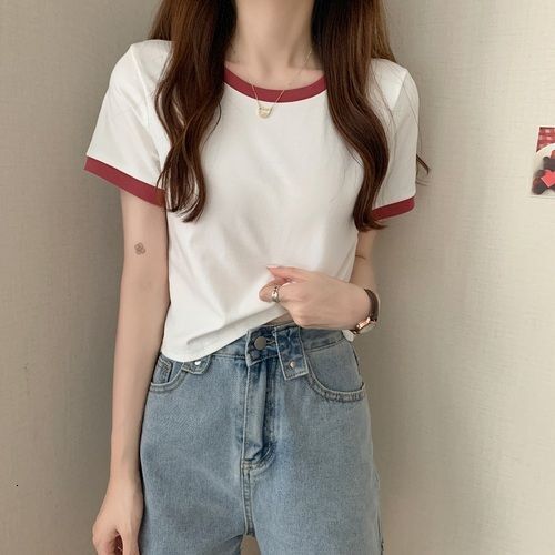 Color Block Round Neck Short Sleeve T Shirt For Women New Summer Base Shirt Korean Style Slim Fit Short Student Top Trendy