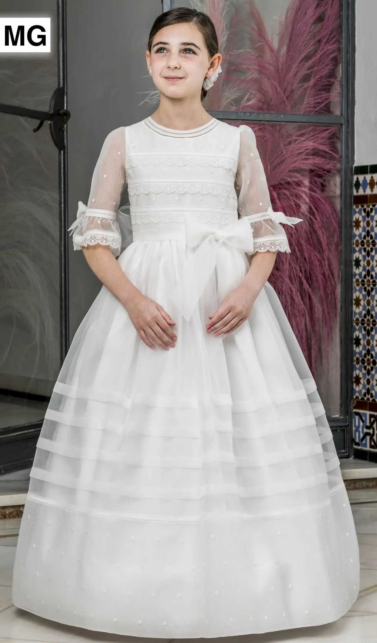 Elegant Long-sleeved Tulle Lace Printing Flower Girl Dress Princess Ball First Communion Dresses Kids Surprise Birthday Present W250811