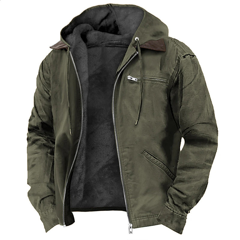 Solid Color Hooded Cotton Jacket Casual Mens Fleece Lined Zipper Pocket Jacket Coat 250808