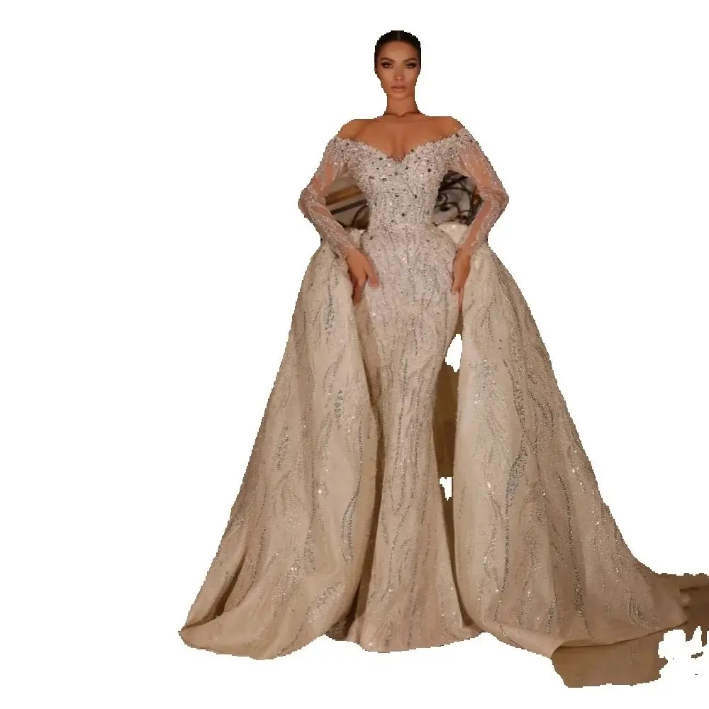 Sexy Off The Shoulder Mermaid Wedding Dress Glitter Sequined Crystal Bridal Gown Long Sleeve Bride Dresses Customized