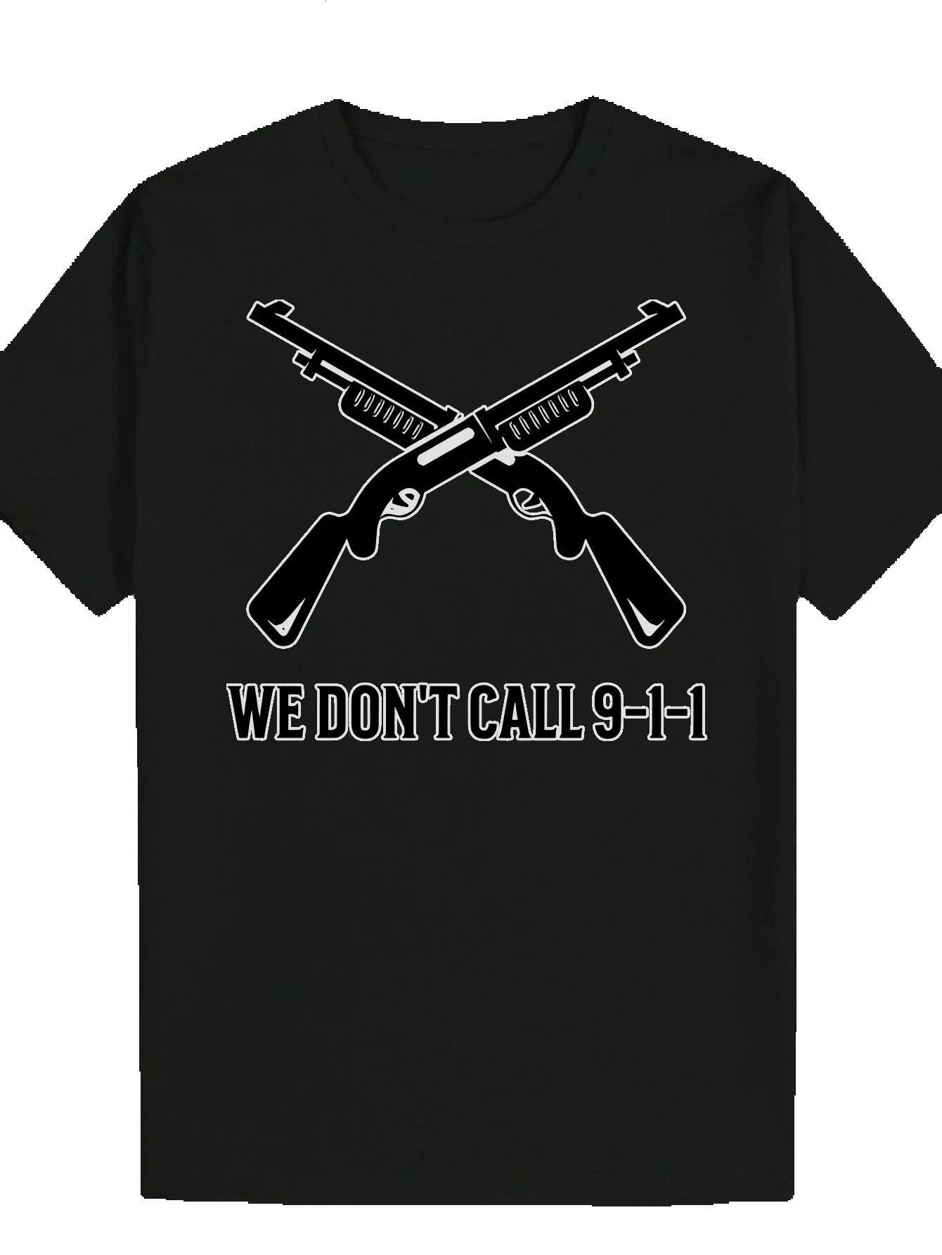 Men's Casual Crew Neck with Complex Gun Illustration - "We Don't Call 9-1-1" Design, Black Polyester, Summer Style, Everyday Bold 