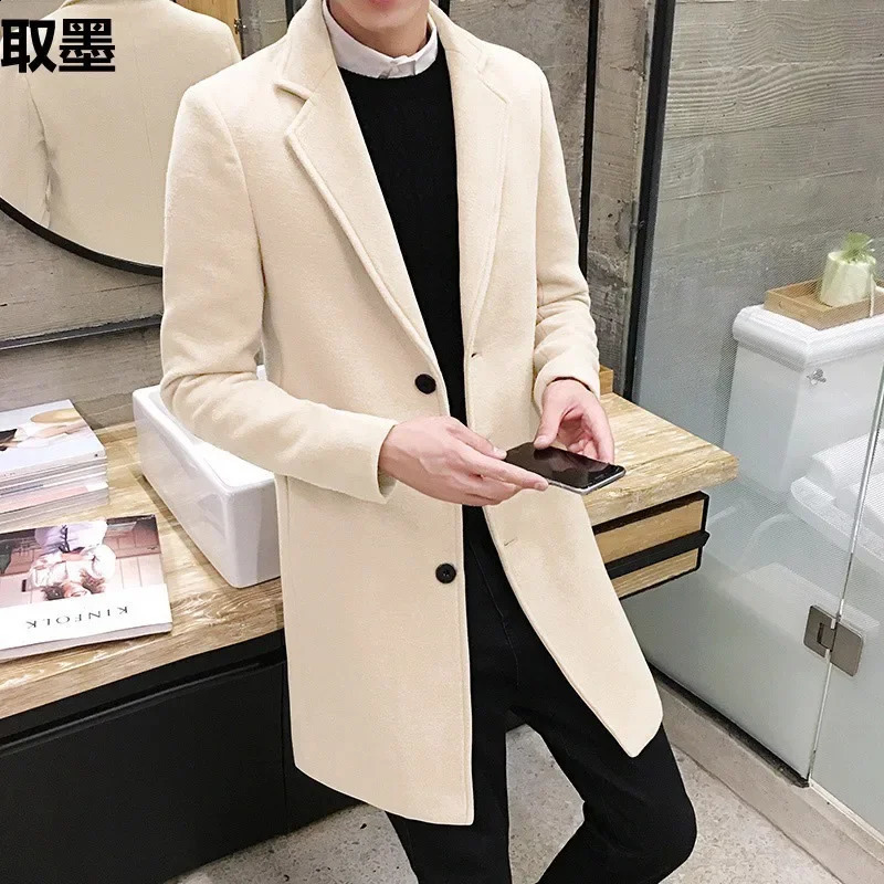 2024 Spring Autumn MediumLength Woolen Overcoat For Men Korean Trendy Lightweight Trench Jacket Casual Scene 250729