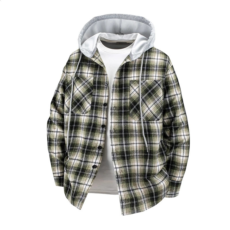 Hooded mens and womens wearable plaid shirts Japanese shirt jackets for spring fall loosefitting longsleeve 250808