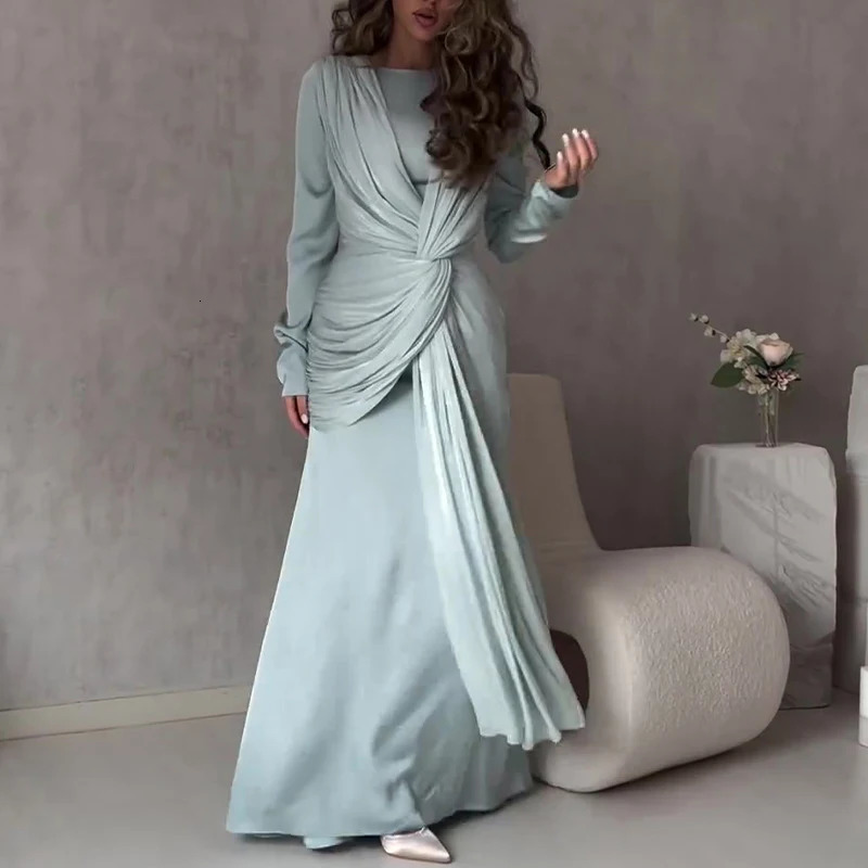 Elegant Long Sleeve High Waist Evening Dress Casual Solid Color Slim Robe Spring Autumn Womens O Neck Twisted Party 250811