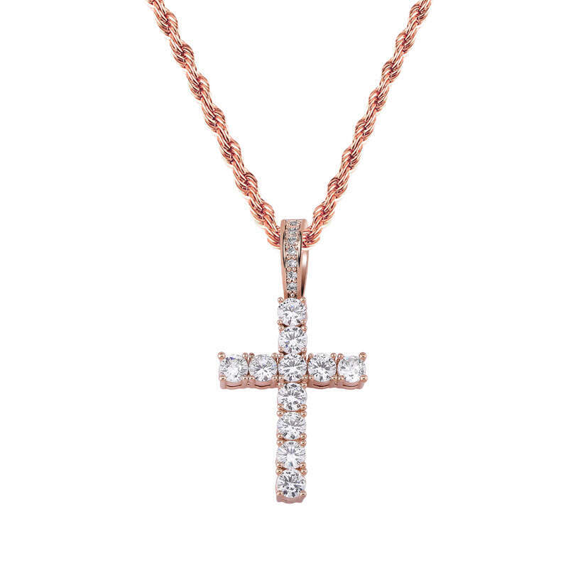 Hip Hop Dia-Encrusted Cross Sterling Silver Pendant for Men, Simple and High-End Twist Chain Necklace