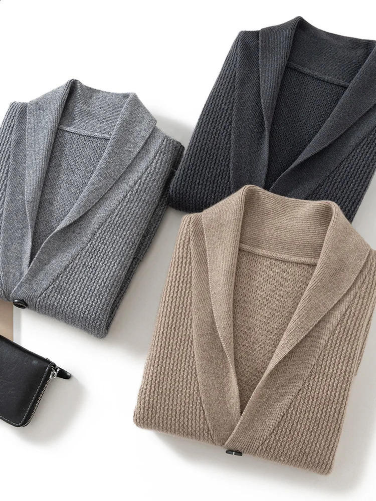 High Quality Men 100% Cashmere Sweater Winter Thick Cardigan Turn Down Collar Smart Casual Sweater Coat Warm Cashmere Knitwear 250806