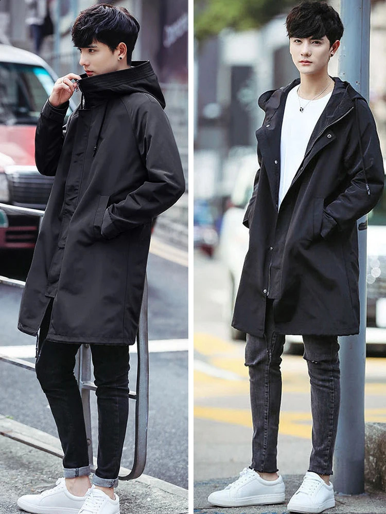 Spring Autumn Long Trench Coat Men Fashion Hooded Windbreaker Black Overcoat Casual Jackets 250729