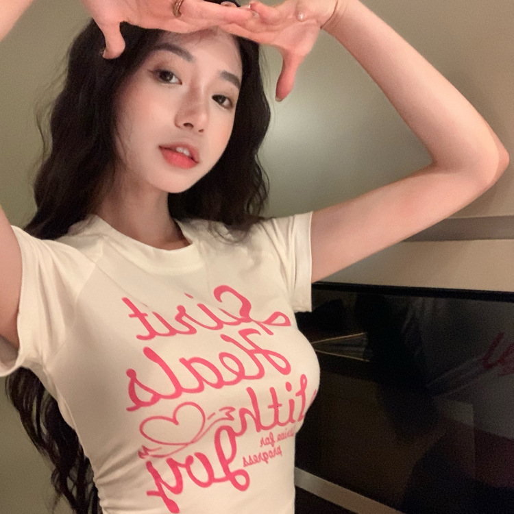 Sweet and Spicy Printed T-Shirt for Women, Ins Trend Summer White Hot Girl High Waist Slim Sexy Short Sleeve Short Top