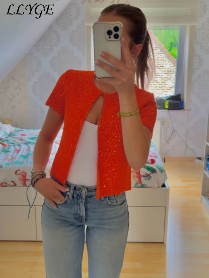 Street Womens Knit Sequined Vest Y2k O-neck One Button Short Sleeve Female Tops 2025 Summer Lady Sexy Chic Knitwear In 250811