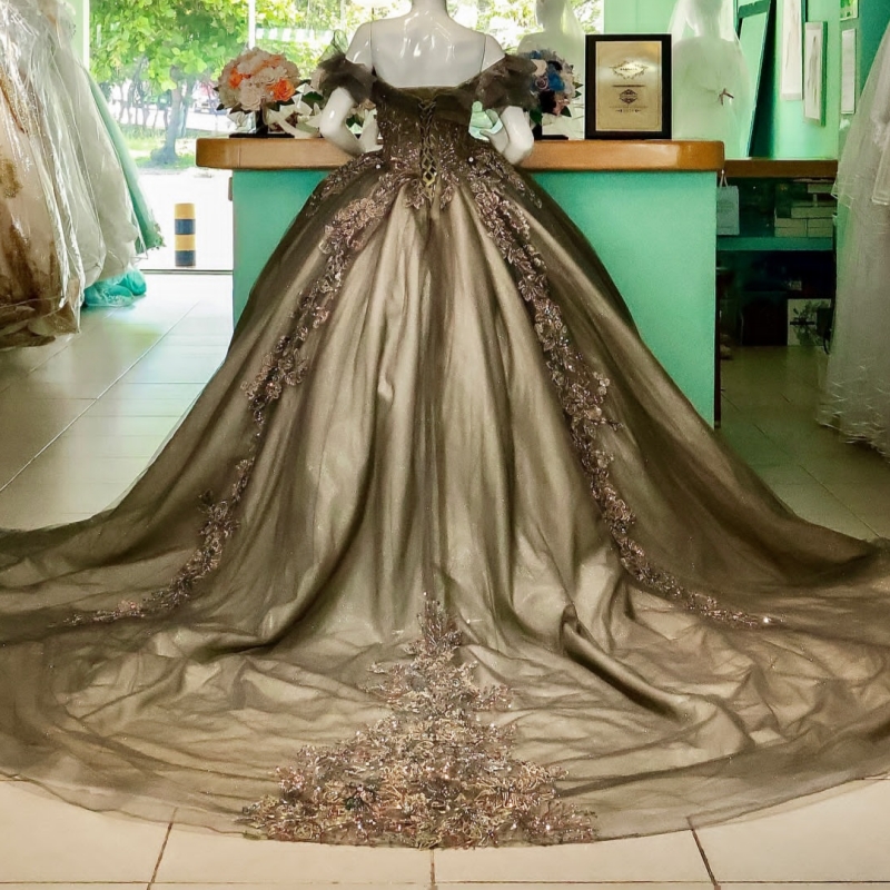 Olive green Shiny Quinceanera Dresses Off The Shoulder Applique Lace Beads Tull Party Birthday Ball Gown Vestidos De 15 Anos Sweet 16 Dress