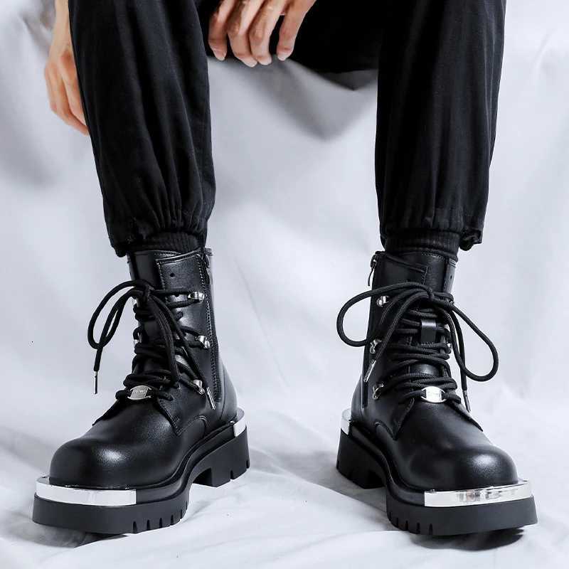2024 S/A New British Punk Style Leather Boots For Mens Black Hombre Height Increasing Shoes Metal Decoration Fashion Cool Dress W250811