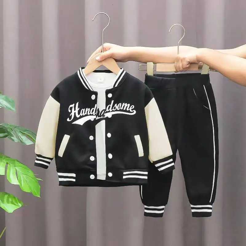 Boys Autumn Letter Baseball Single-Breasted Jacket + Round Neck Printed Cotton Long Sleeve + Striped Sweatpants 3-Piece Set Z250811