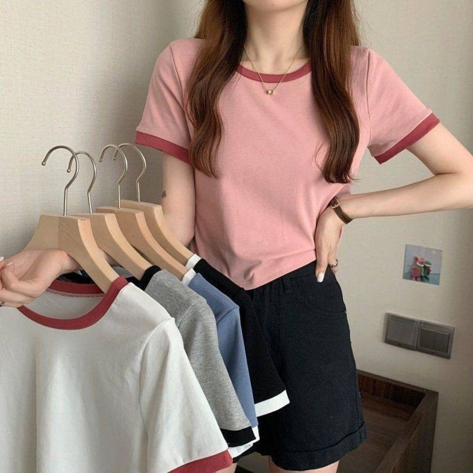 Color Block Round Neck Short Sleeve T Shirt For Women New Summer Base Shirt Korean Style Slim Fit Short Student Top Trendy