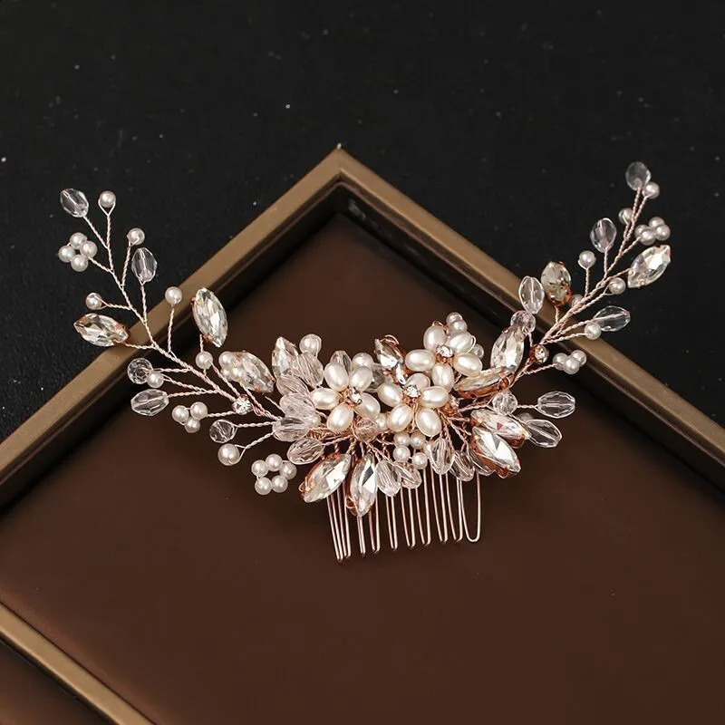 Bridal Hair Comb Pearl Tiaras for Women Crystal Flower Hairpin Clip Girl Party Wedding Accessories Marriage Head Jewelry 250804