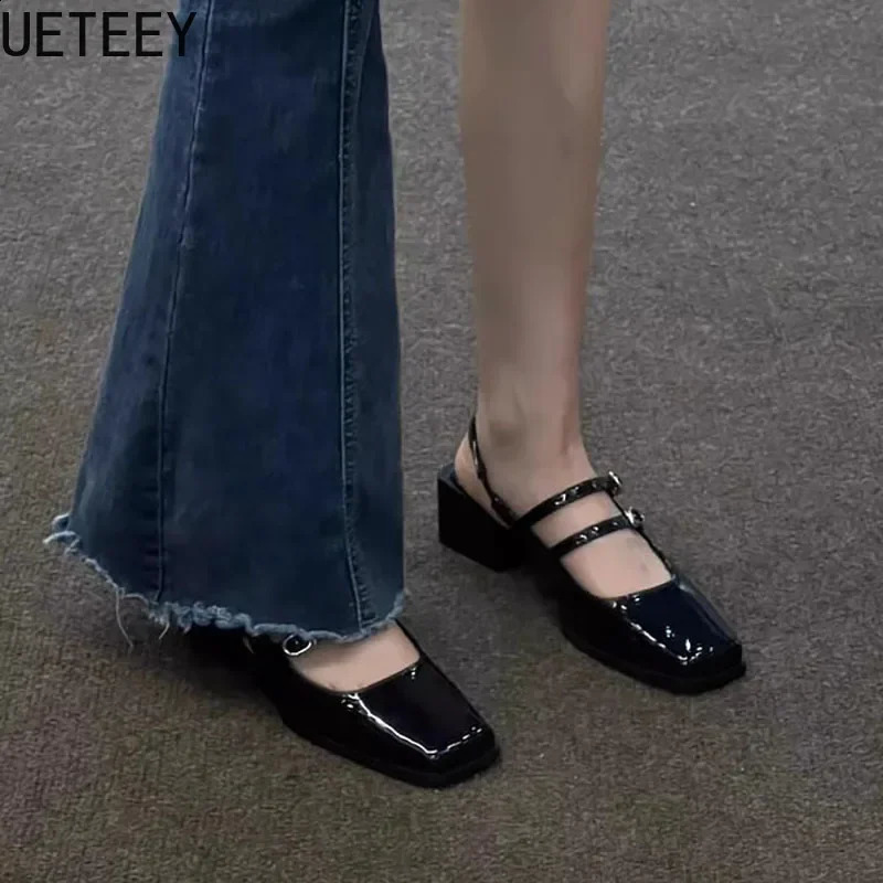 Retro Style Summer Thick Heel Women Sandals Fashion Square Toe Singbacks Shoes Ladies Elegant Party Dress Sandalias 250809