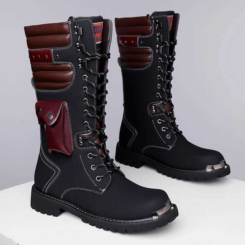 Fashion Punk Motorcycle Boots Men Boots Winter High Heel Casual Lace-up Leather High Black Biker Solid Boot Military Men Shoes W250811