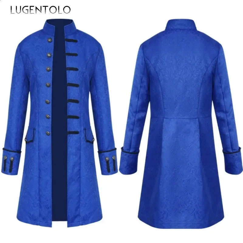 Men Medieval Trench Retro Coat Singlebreasted Uniform Gothic Stand Collar Renaissance Jacquard Outwear Halloween Costume 250804