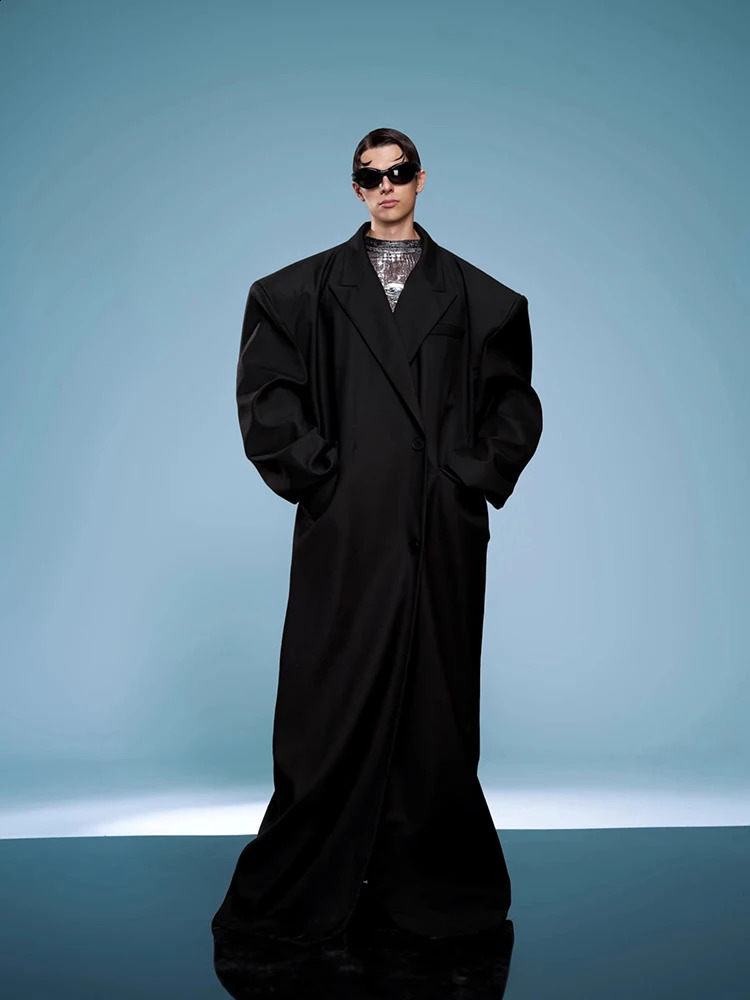 Mauroicardi Spring Autumn Cool Long Oversized Black Trench Coats Man Shoulder Pads Clothes Overcoat 2025 250804
