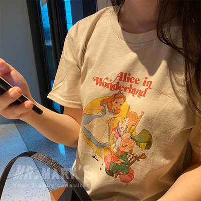 Vintage INS Cartoon Print White Short Sleeve T Shirt For Women Summer New Plus Size Base Shirt Top