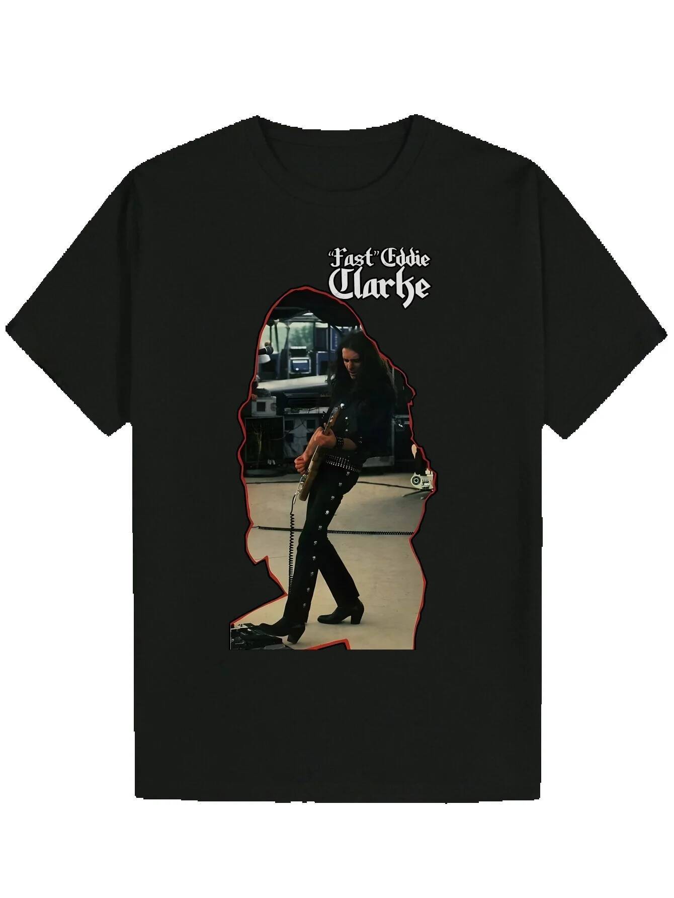 Men's Crew Neck - Fast Eddie Clarke Porait Design, Black Polyester with Red Stroke Details, Lightweight and Breathable, Suitable for Casual Wear,