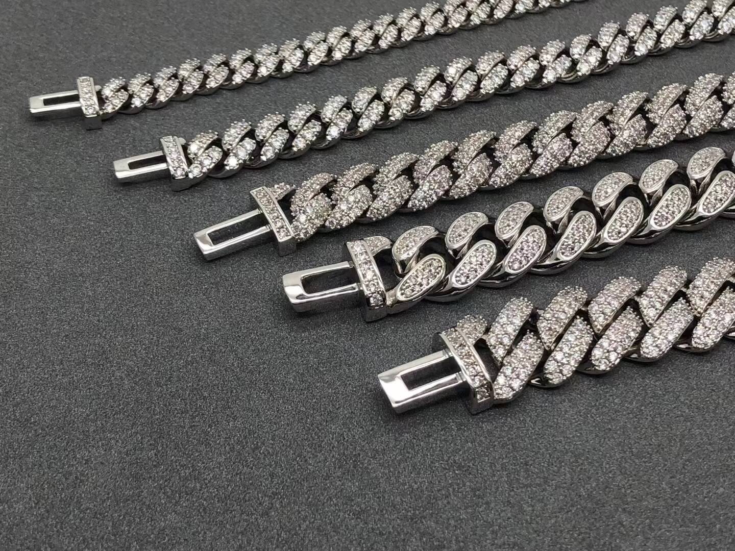 12mm 14mm 15mm 18mm 22inches 925 Silver Cuban Chain Moissanite Round Cut Moissanite Diamond Jewellery ICE OUT Cuban Chain