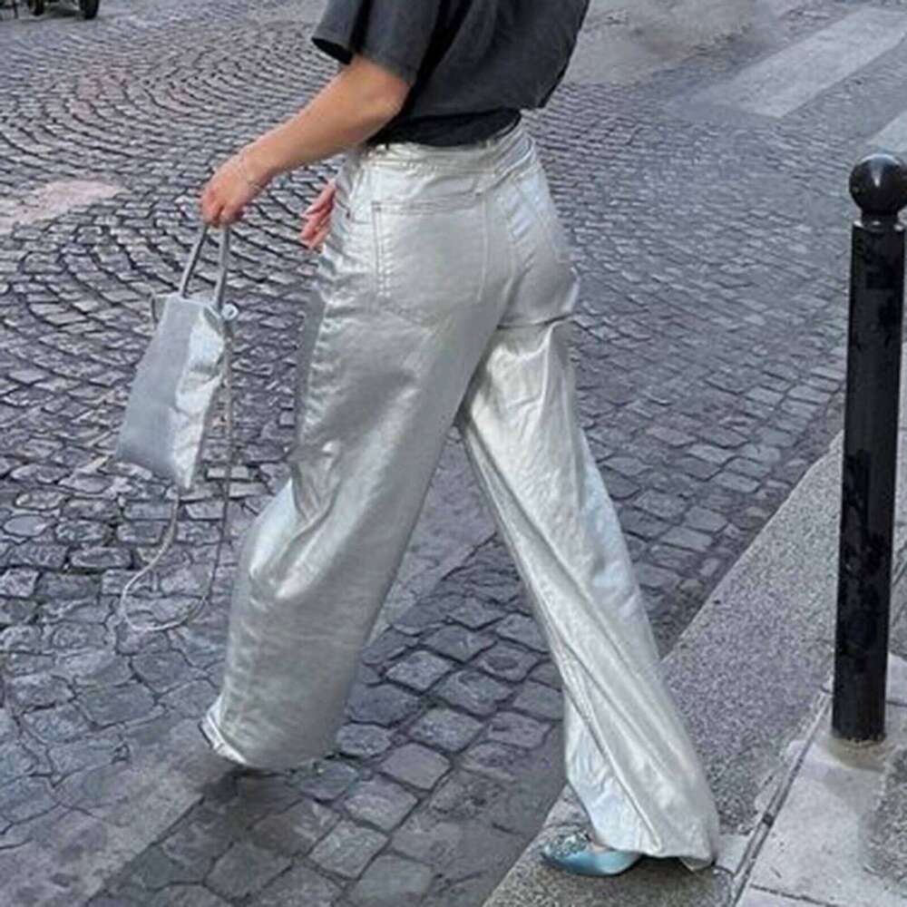 hirigin Women Retro Y2K Metallic Shiny Jeans Casual Solid Color High Waist Straight Leg Denim Pants Disco Club Party Streetwear