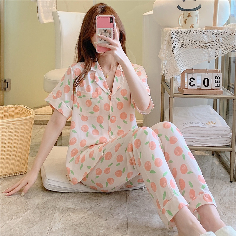 B1007-Short-sleeved cotton silk pajamas women's summer thin artificial cotton home clothes cardigan printed cotton silk suit
