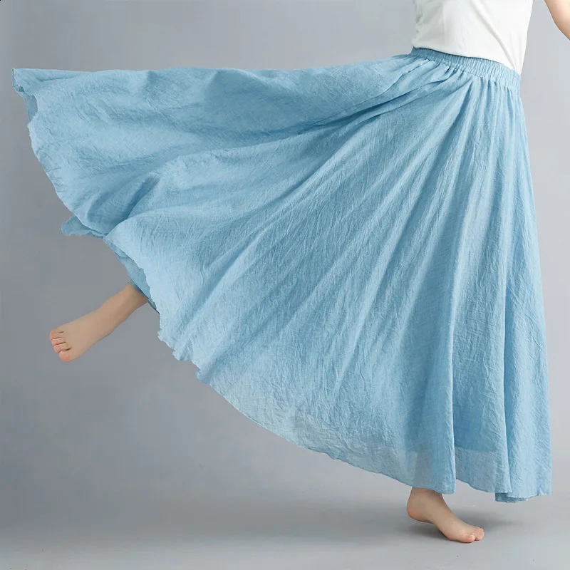 28-Color Mori Girl Literary Cotton Linen Dress Elastic Waist A-line Expansion Skirt Solid Color Ethnic Style Women Long Skirts 250809