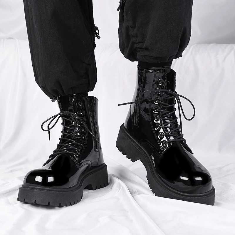 British Style Mens Boots Black Luxury Fashion Shoes Party Nightclub Patent Leather Boot Cowboy Platform High Motorcycle Botas W250811