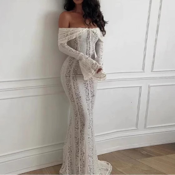 2025 Spring/Summer New Lace Lace Bell fashion Sleeve Dress, Single Shoulder Waist, Women's Long Dress, New Designer