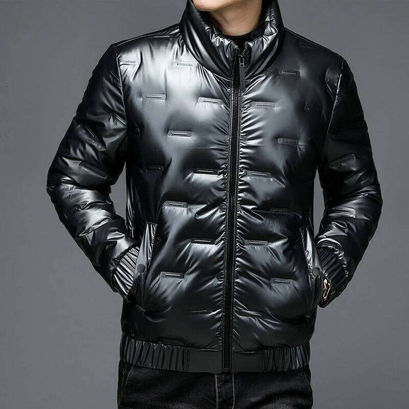 Winter new style Men's bright leather fashionable jacket Casual stand collar short men's white duck down feather