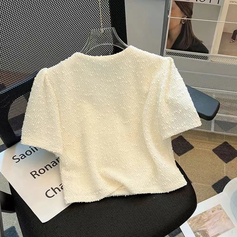 Temperament Tweed Clothing Ropa Mujer Bow Coat Summer Korean Crop Tops Shirts for Women Slim High Suit Short Jacket 250804