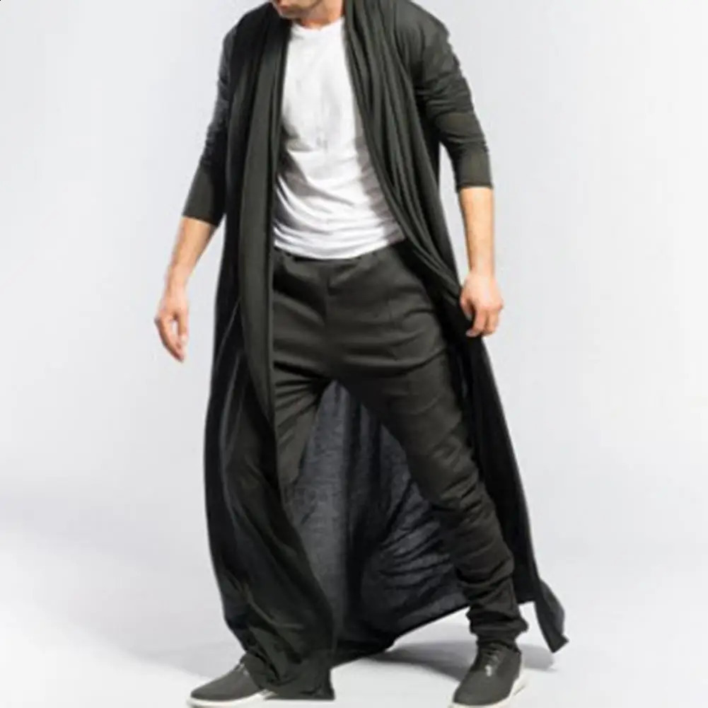 Mens Long Trench Coat Solid Color Windbreaker Open Front AnkleLength Men Jacket Cardigan Autumn Outerwear 250804