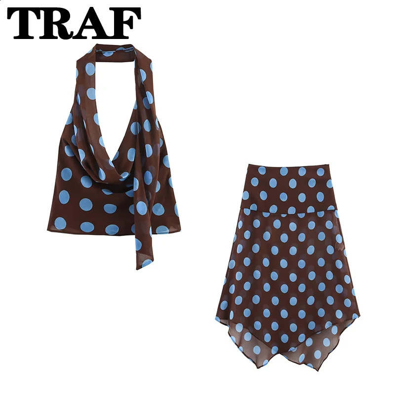TRAF Polka Dot Printed Midi Skirts Two Piece Sets for Women 2025 Summer Chic Scarf Halter Top Suits Beach Woman 2 Piece Outfits 250804