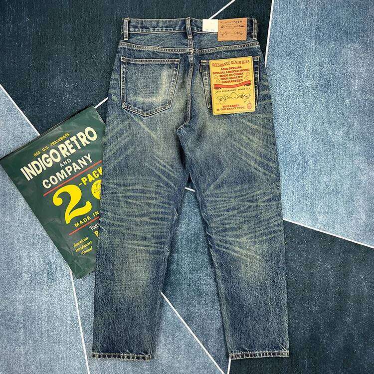 14oz Heavyweight Red Seedge Denim Jeans for Men Heavy Washed Distressed Straight Blue Pants Male American Casual Trousers