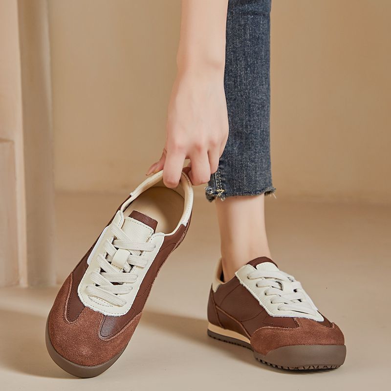 Genuine leather women's Dexin shoes 2025 designer new retro color blocked flat shoes casual sports shoes