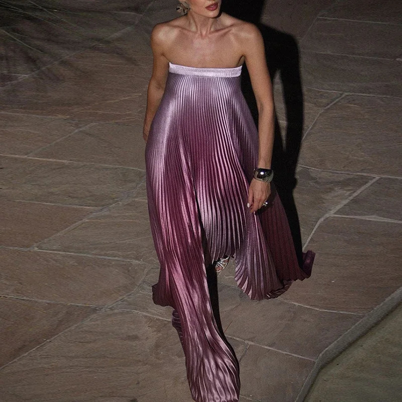 Sexy Strapless High Waist Evening Gown for Women Fashion Off Shoulder Pleated Party Dress Elegant Hollow Sleeveless Long Dresses 250811