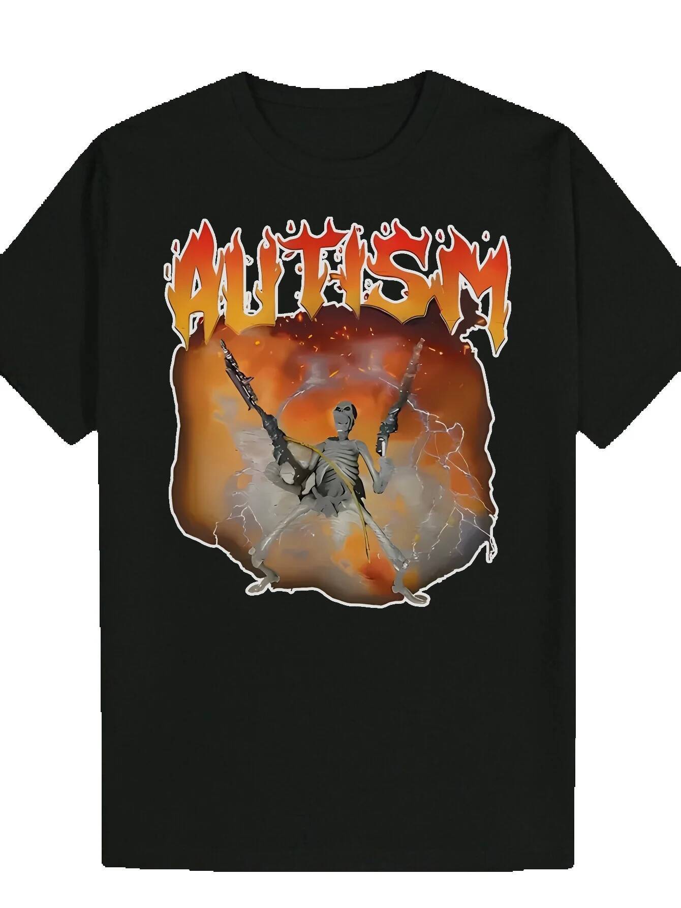 Men's Autism Awareness Graphic T-Shirt - Black Summer T-Shirt, Flame and Lightning Design, Regular Crew Neck, Machine Washable Polyester Shirt, S