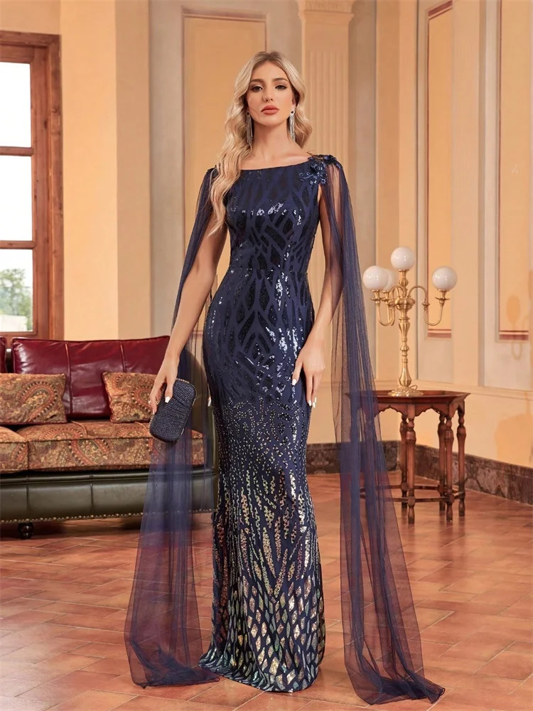 y Arabia Long Sleeve Sequins Evening Dress Women Female Guests Wedding Party Prom Blue Cocktail Dresses 250811